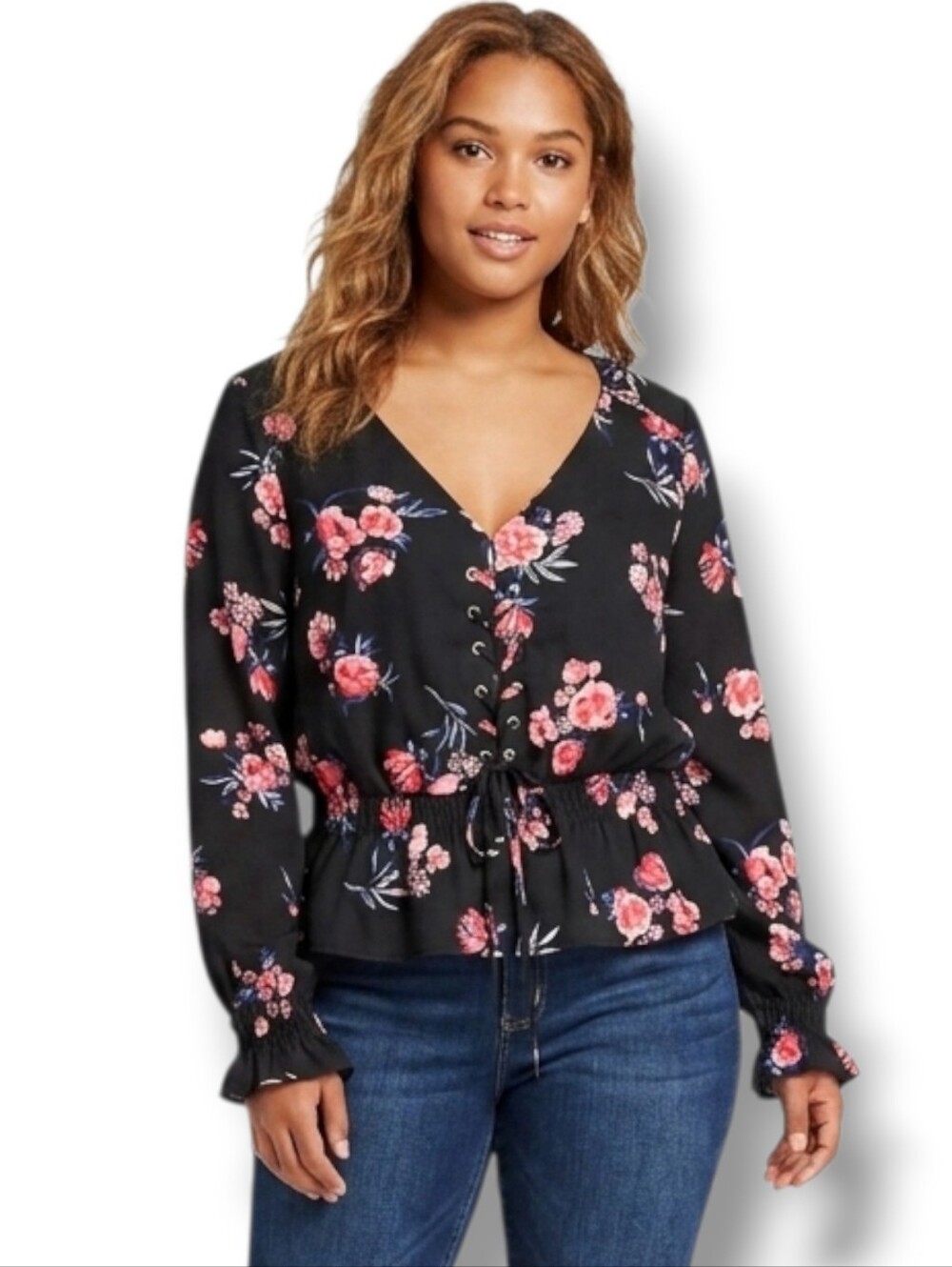 Divided by H&M Black Floral Lace-Up Smocked Blouse – Size 4 gently used